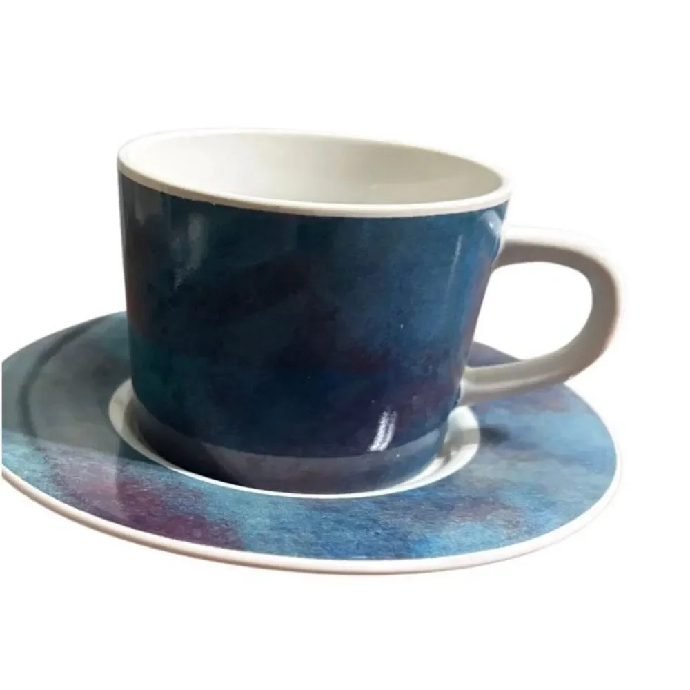 Vintage Stoneware Japan Blue Purple Abstract Tea Cup & Saucer Set